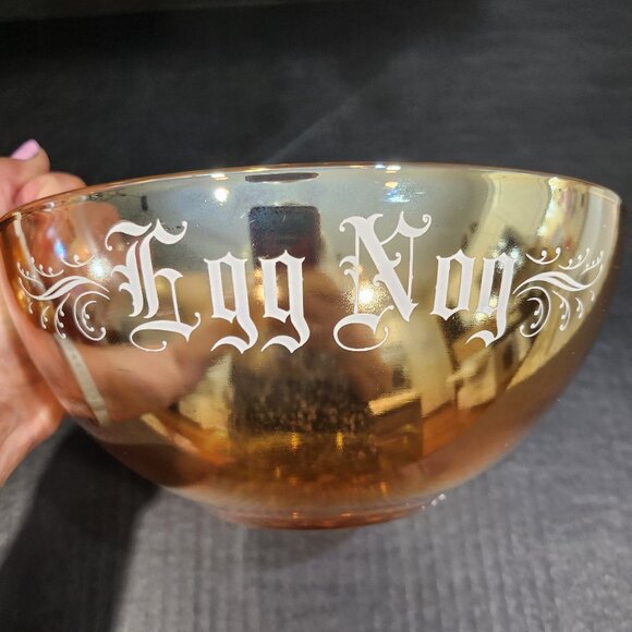 Jeanette Glass Peach/Gold Luster "Egg Nog" Punch Bowl With 6 Cups Carnival Glass - Picture 5 of 12